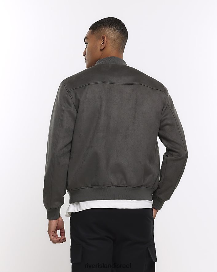 לבוש River Island מעיל בומבר זמש בכושר רגיל אפור גברים BDZ4082418