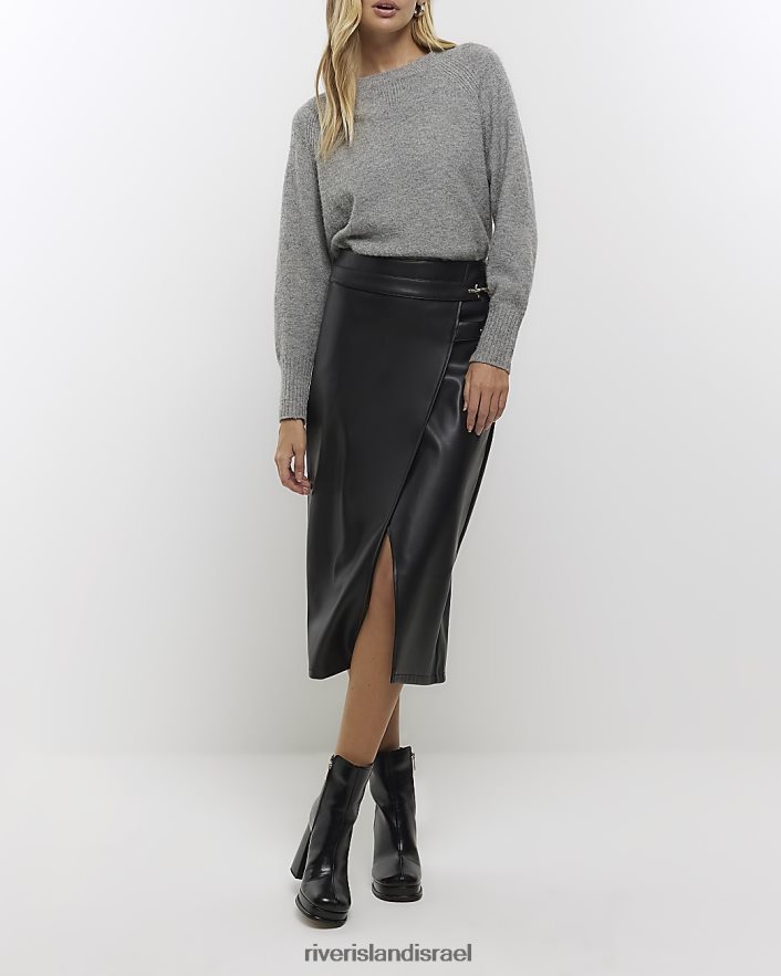 לבוש River Island חצאית מידי מעטפת מעור מלאכותי שָׁחוֹר נשים BDZ408241