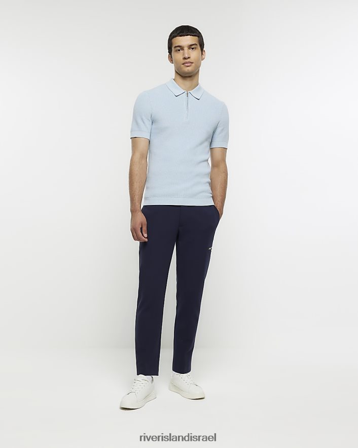 לבוש River Island חולצת פולו סרוגה עם צלעות שרירים כְּחוֹל גברים BDZ4082454