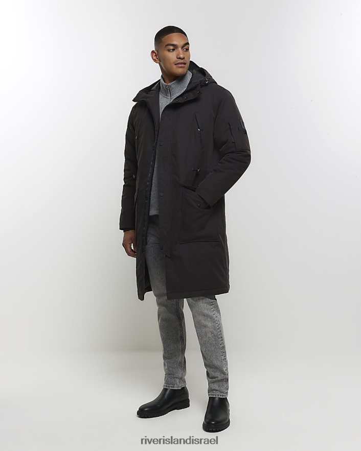 לבוש River Island מעיל פארקה ארוך עם קפוצ'ון שָׁחוֹר גברים BDZ4082503