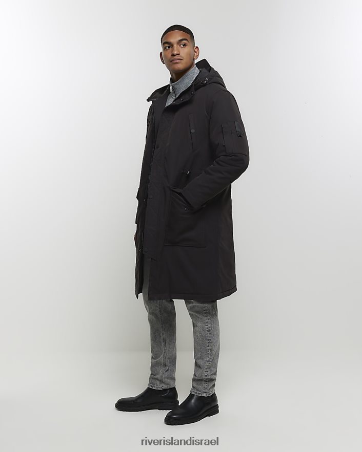 לבוש River Island מעיל פארקה ארוך עם קפוצ'ון שָׁחוֹר גברים BDZ4082503