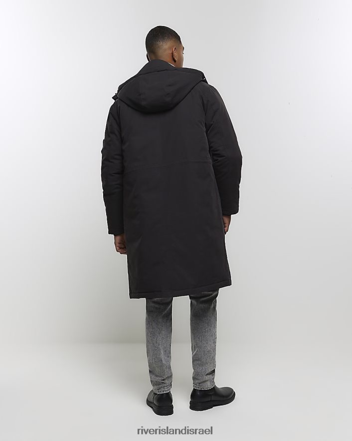 לבוש River Island מעיל פארקה ארוך עם קפוצ'ון שָׁחוֹר גברים BDZ4082503