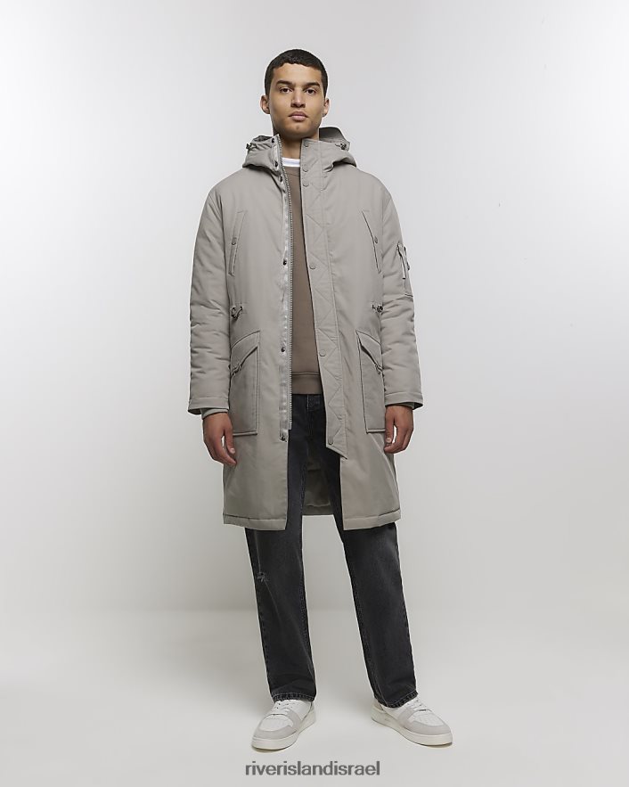 לבוש River Island מעיל פארקה ארוך עם קפוצ'ון אפור גברים BDZ4082504