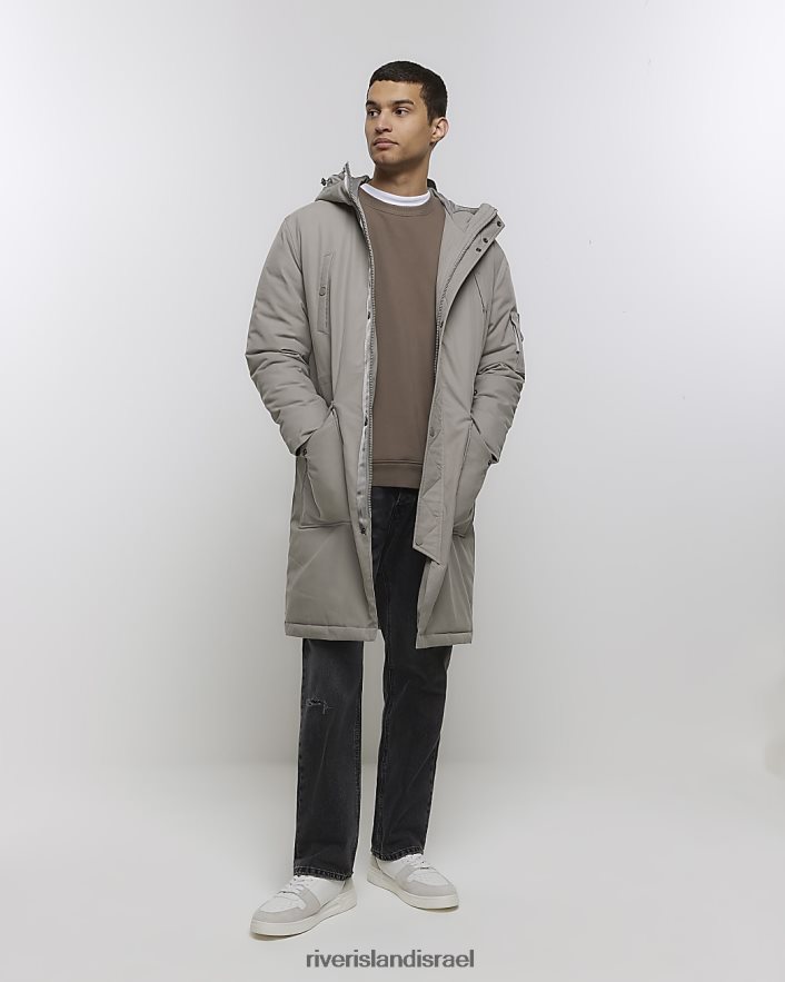 לבוש River Island מעיל פארקה ארוך עם קפוצ'ון אפור גברים BDZ4082504