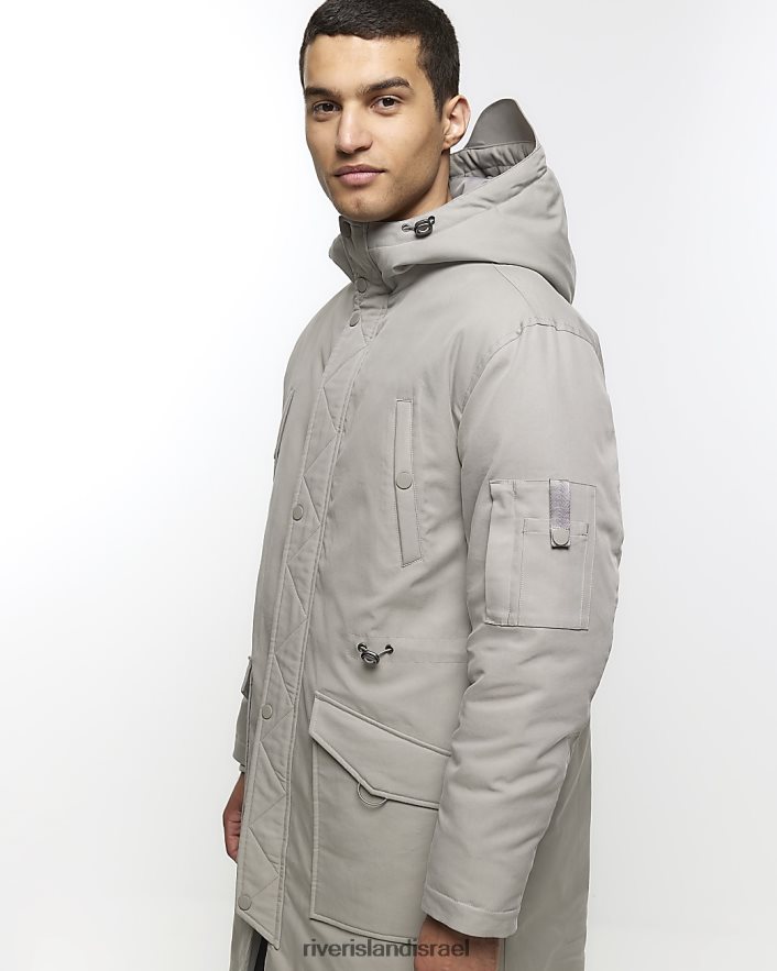 לבוש River Island מעיל פארקה ארוך עם קפוצ'ון אפור גברים BDZ4082504