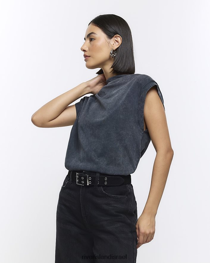 לבוש River Island חולצת טריקו עם צווארון מעטה אפור נשים BDZ408255