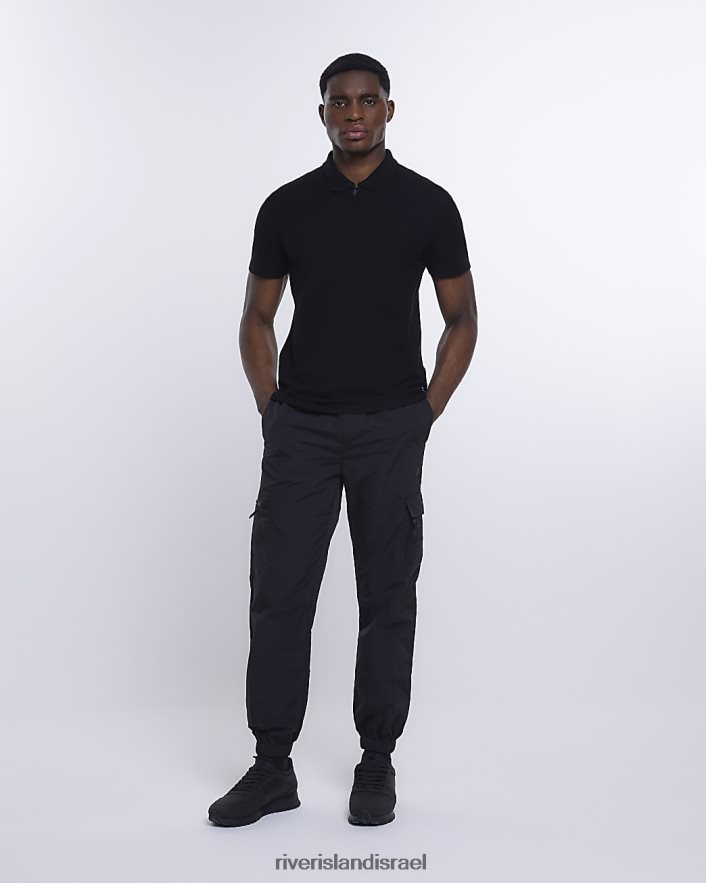 לבוש River Island חולצת פולו חלת דבש בגזרה דקיקה שָׁחוֹר גברים BDZ4082619