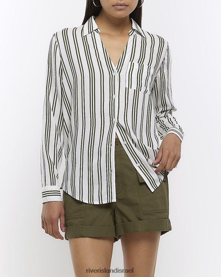 לבוש River Island חולצה עם צווארון פתוח בפס ירוק נשים BDZ408276