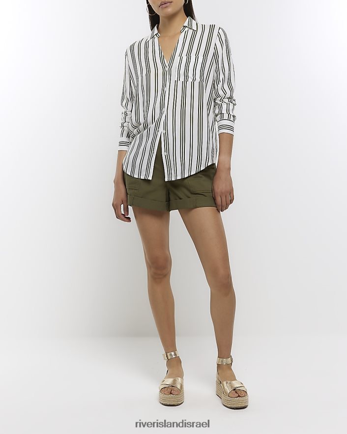 לבוש River Island חולצה עם צווארון פתוח בפס ירוק נשים BDZ408276