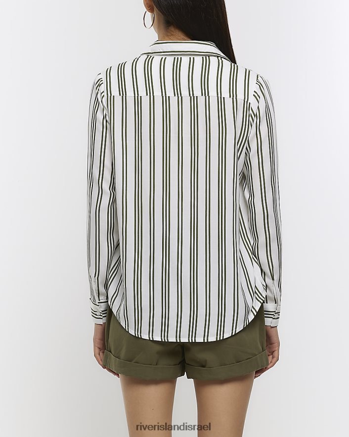 לבוש River Island חולצה עם צווארון פתוח בפס ירוק נשים BDZ408276