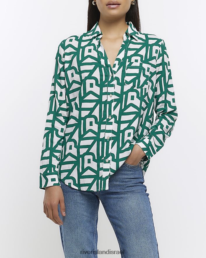 לבוש River Island הדפס חולצה עם צווארון פתוח ירוק נשים BDZ408277