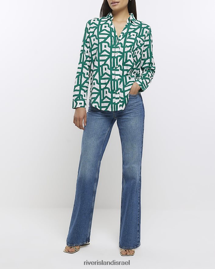 לבוש River Island הדפס חולצה עם צווארון פתוח ירוק נשים BDZ408277