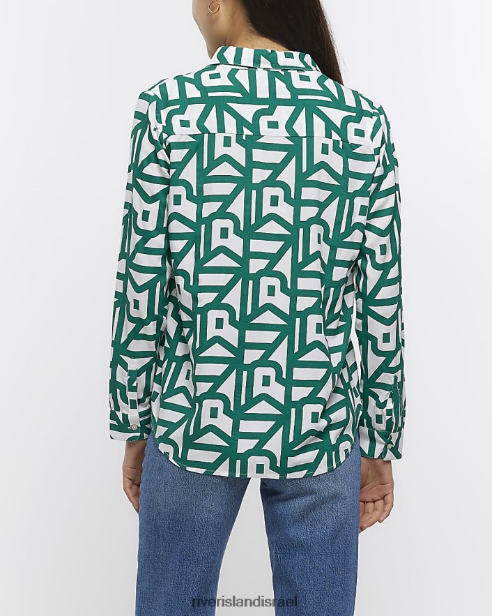 לבוש River Island הדפס חולצה עם צווארון פתוח ירוק נשים BDZ408277