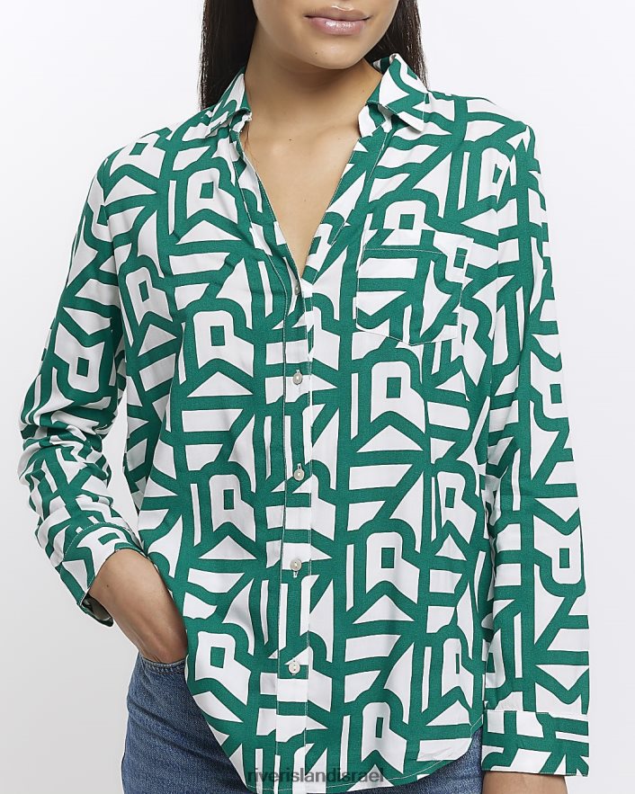 לבוש River Island הדפס חולצה עם צווארון פתוח ירוק נשים BDZ408277