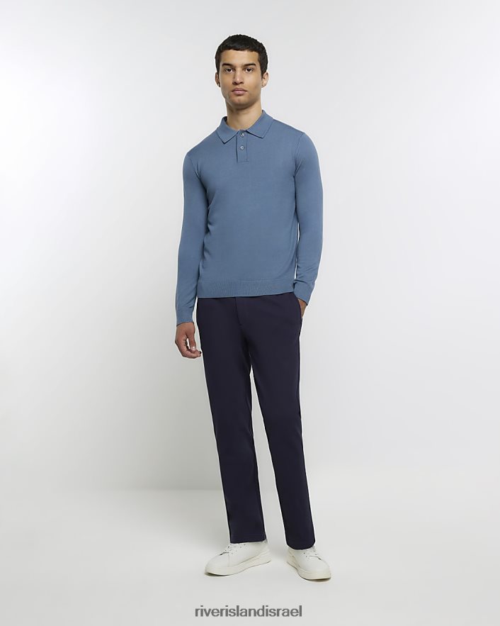 לבוש River Island פולו עם שרוול ארוך בגזרה דקיקה כְּחוֹל גברים BDZ4082791