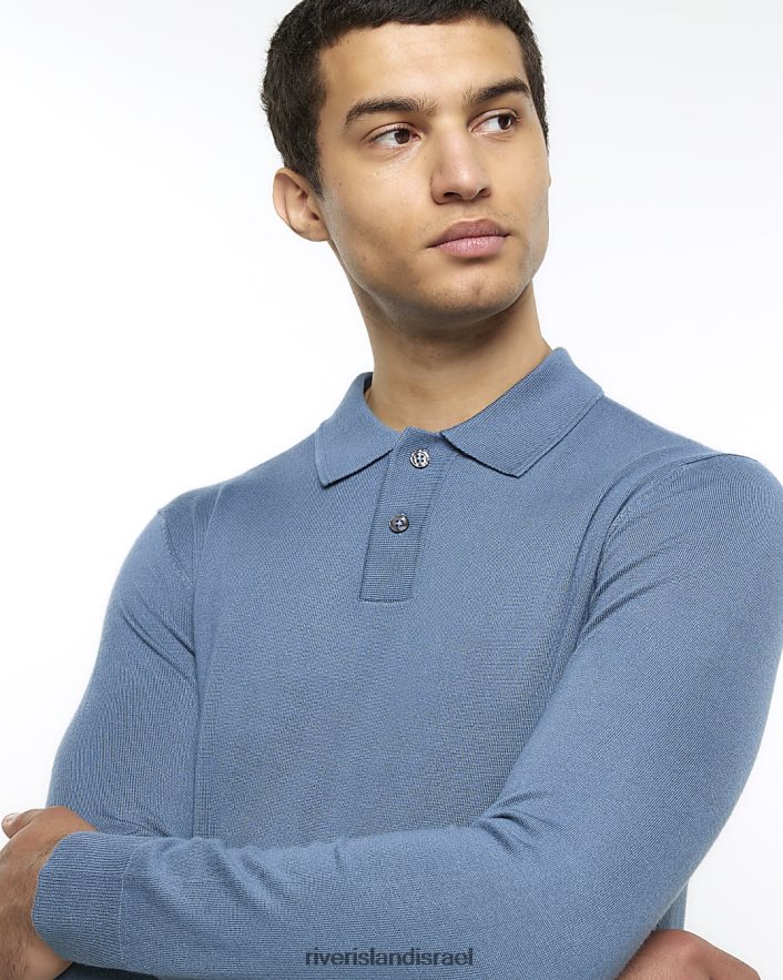 לבוש River Island פולו עם שרוול ארוך בגזרה דקיקה כְּחוֹל גברים BDZ4082791