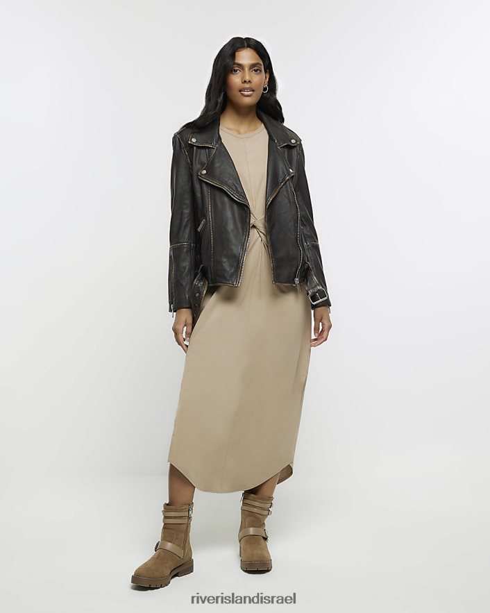 לבוש River Island שמלת מידי חולצת טריקו עם שרוול ארוך קשר בז' נשים BDZ408280