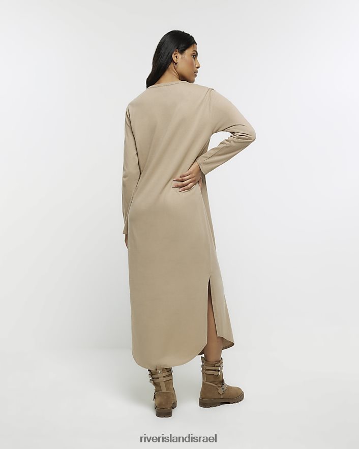 לבוש River Island שמלת מידי חולצת טריקו עם שרוול ארוך קשר בז' נשים BDZ408280