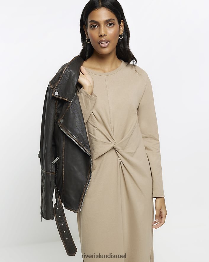 לבוש River Island שמלת מידי חולצת טריקו עם שרוול ארוך קשר בז' נשים BDZ408280