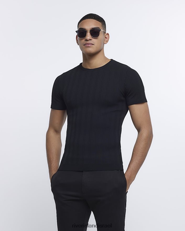 לבוש River Island חולצת טריקו סרוגה בכושר שריר שָׁחוֹר גברים BDZ4082841