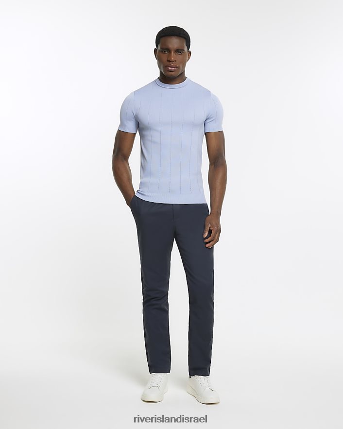 לבוש River Island חולצת טריקו סרוגה בכושר שריר כְּחוֹל גברים BDZ4082842