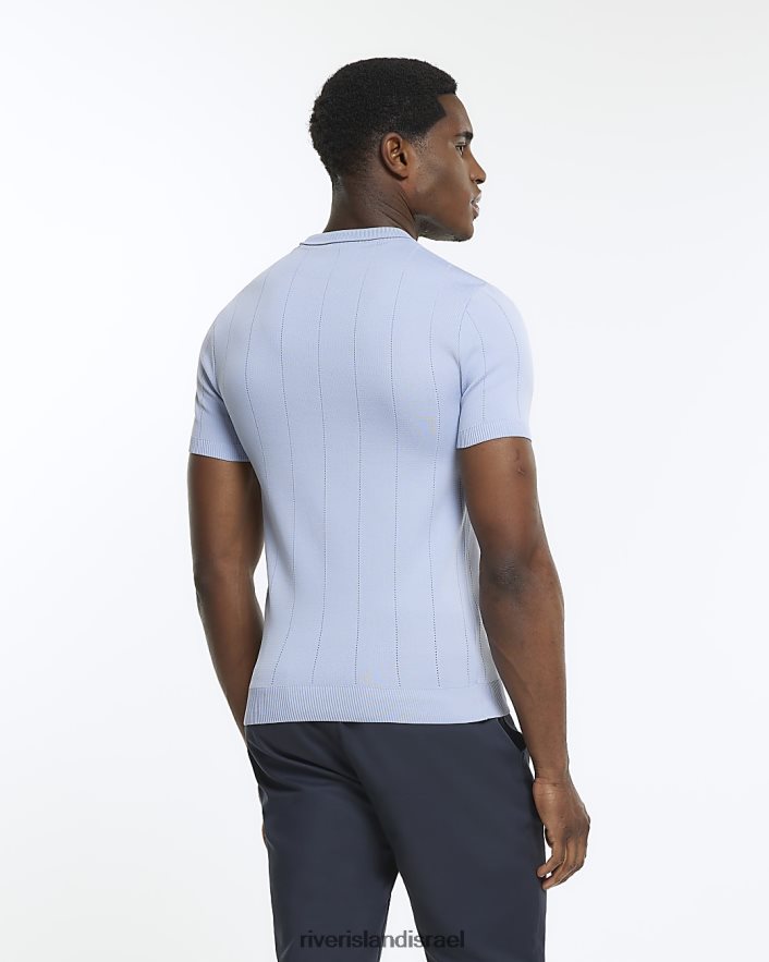 לבוש River Island חולצת טריקו סרוגה בכושר שריר כְּחוֹל גברים BDZ4082842