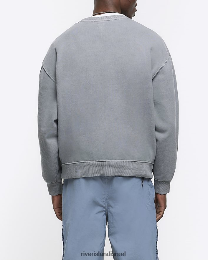 לבוש River Island סווטשירט בכושר אוברסייז אפור שטוף גברים BDZ4082876