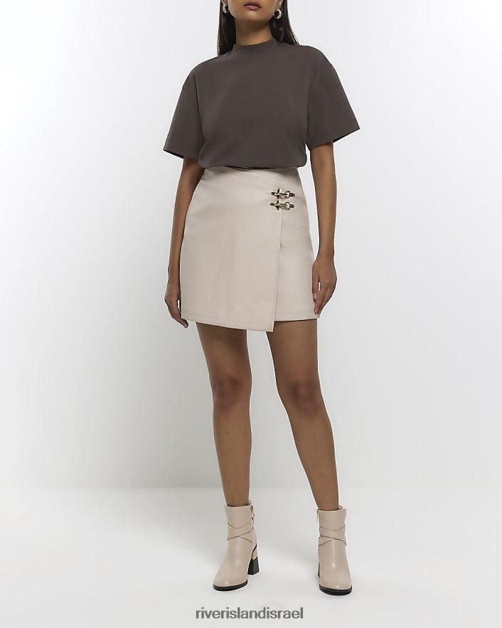 לבוש River Island חצאית מיני אבזם עור מלאכותי קרם נשים BDZ40828