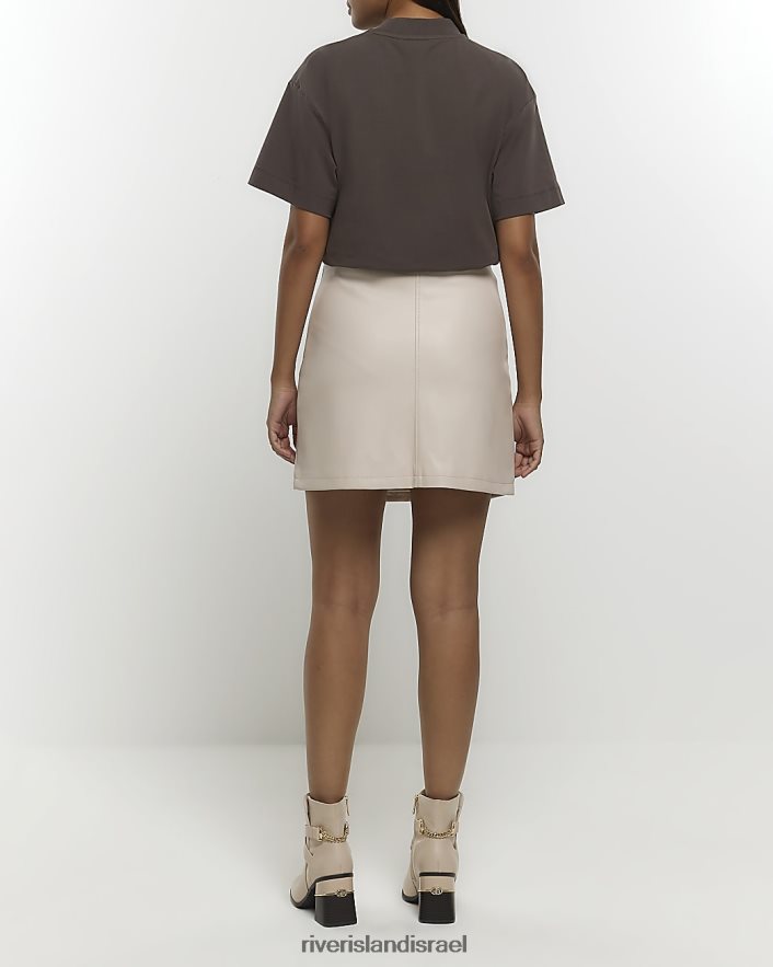 לבוש River Island חצאית מיני אבזם עור מלאכותי קרם נשים BDZ40828