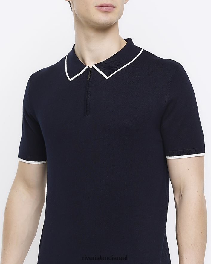לבוש River Island חולצת פולו סרוגה בגזרה דקיקה חיל הים גברים BDZ4082907