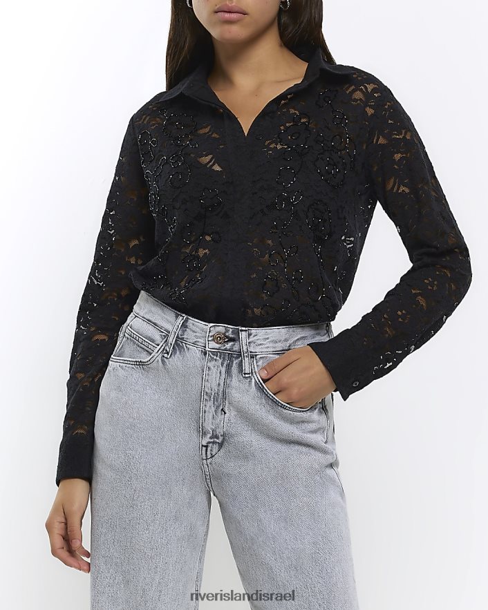 לבוש River Island חולצת חרוזים תחרה שָׁחוֹר נשים BDZ408293