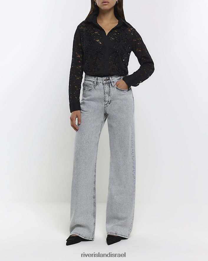 לבוש River Island חולצת חרוזים תחרה שָׁחוֹר נשים BDZ408293