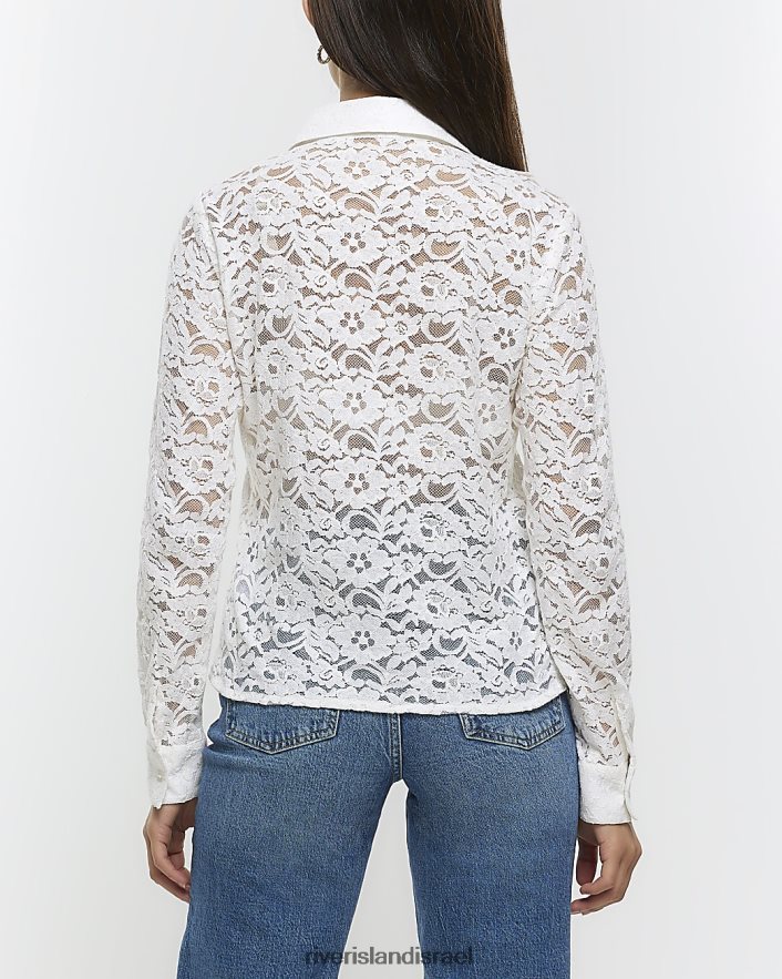לבוש River Island חולצת חרוזים תחרה לבן נשים BDZ408294