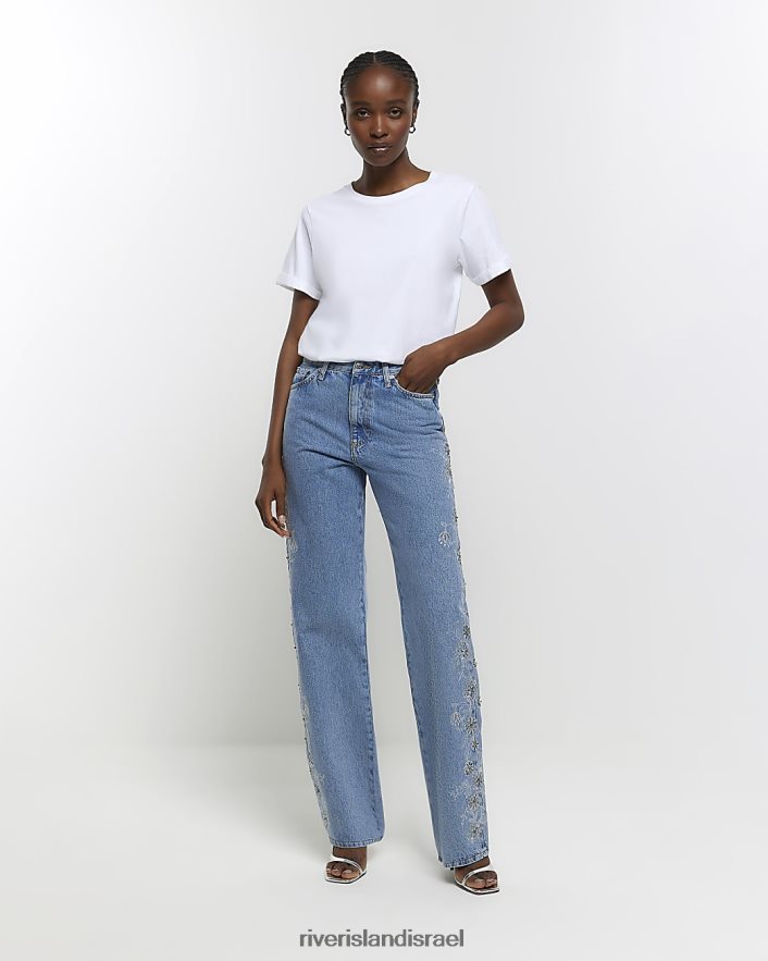 לבוש River Island ג'ינס ישר רגוע רקום כְּחוֹל נשים BDZ4083