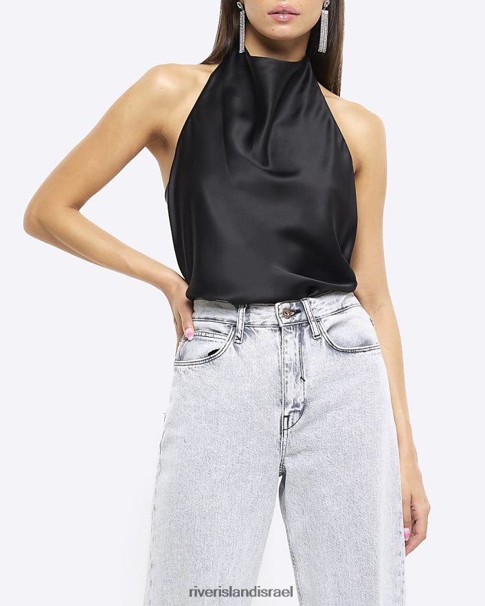 לבוש River Island חולצת צווארון סאטן שָׁחוֹר נשים BDZ408300