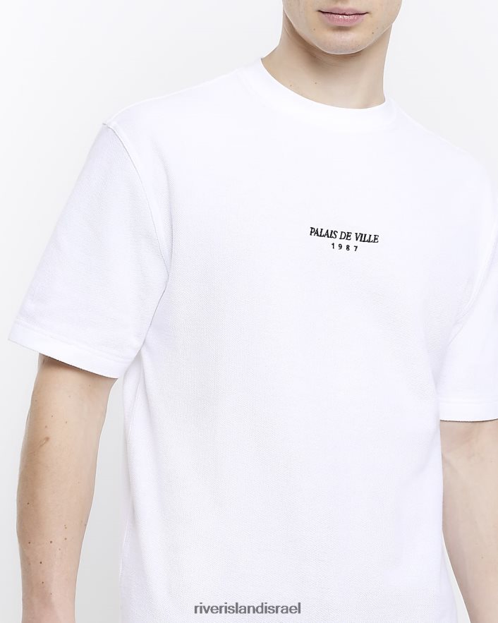 לבוש River Island חולצת טריקו רקומה לפיקה בכושר רגיל לבן גברים BDZ4083007