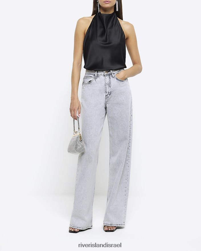 לבוש River Island חולצת צווארון סאטן שָׁחוֹר נשים BDZ408300