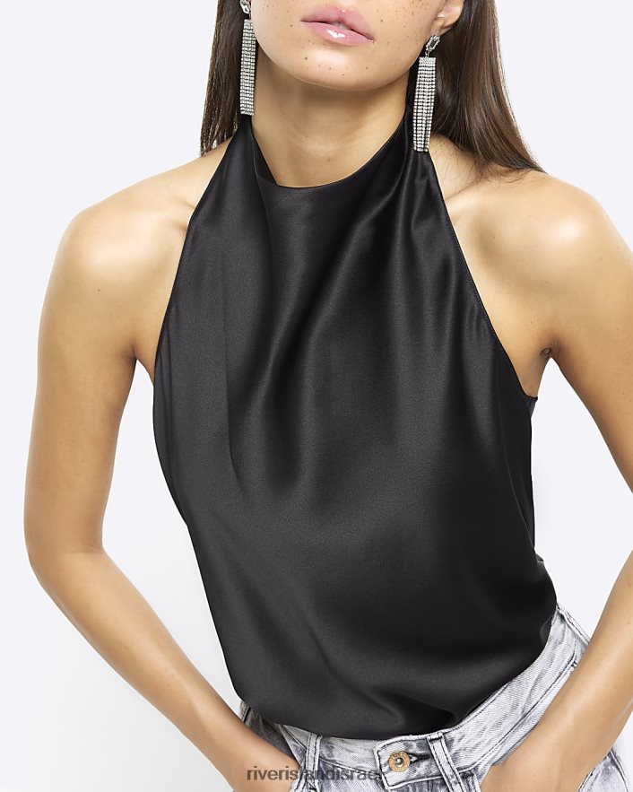 לבוש River Island חולצת צווארון סאטן שָׁחוֹר נשים BDZ408300