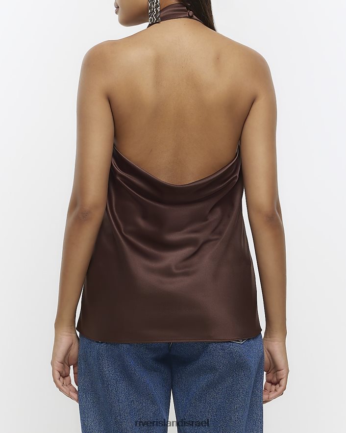 לבוש River Island חולצת צווארון סאטן חום נשים BDZ408301