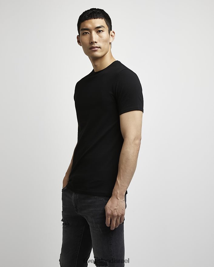 לבוש River Island חולצת טריקו בכושר שריר שָׁחוֹר גברים BDZ4083037