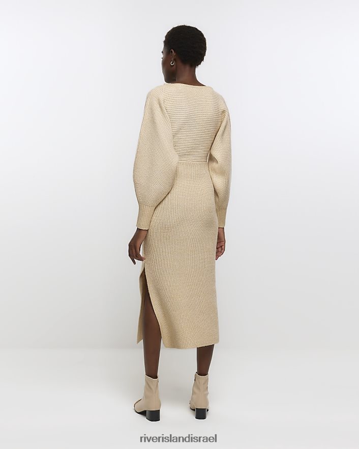 לבוש River Island שמלת מידי מגשרה מעטפת סרוגה בז' נשים BDZ408308