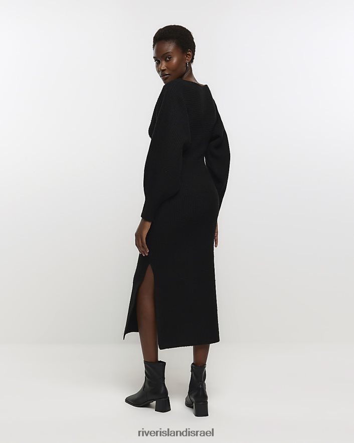 לבוש River Island שמלת מידי מגשרה מעטפת סרוגה שָׁחוֹר נשים BDZ408309