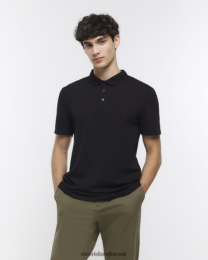 לבוש River Island חולצת פולו מכופתרת בגזרה דקיקה שָׁחוֹר גברים BDZ4083100