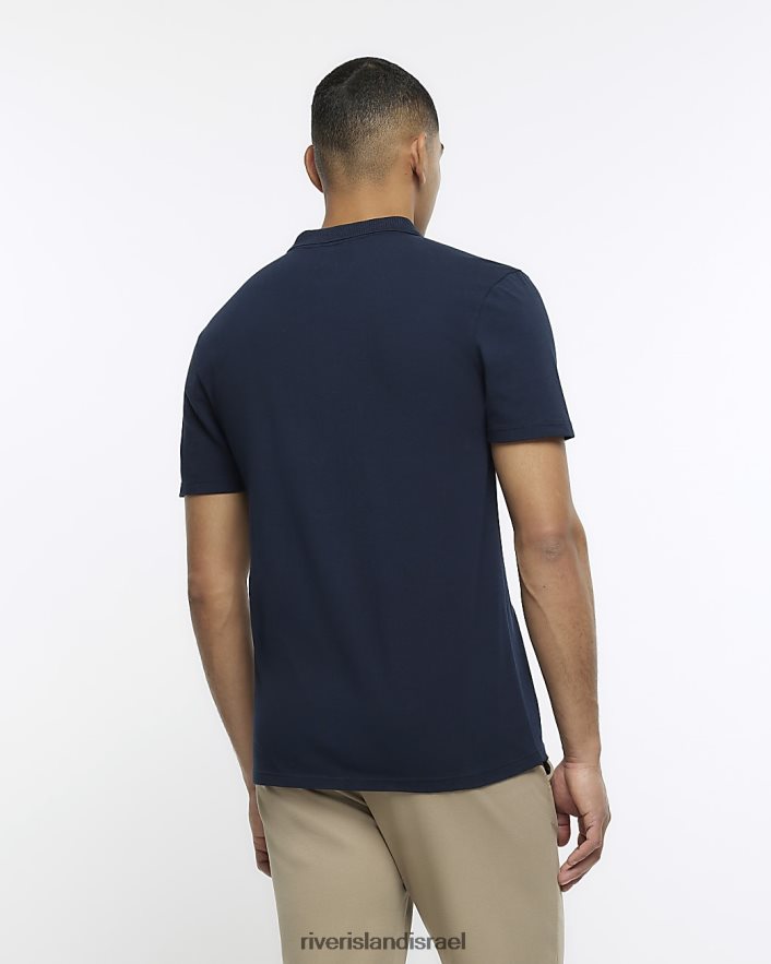 לבוש River Island חולצת פולו מכופתרת בגזרה דקיקה חיל הים גברים BDZ4083102