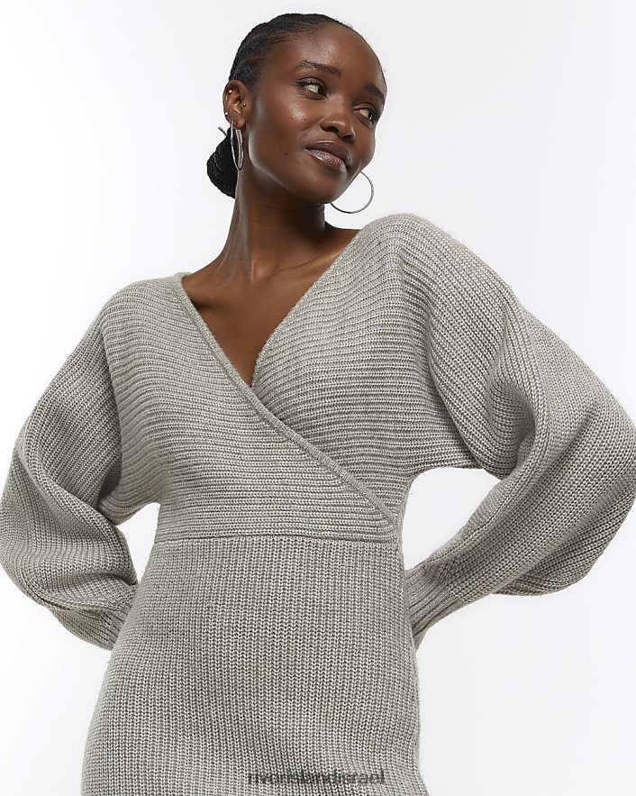 לבוש River Island שמלת מידי מגשרה מעטפת סרוגה אפור נשים BDZ408310