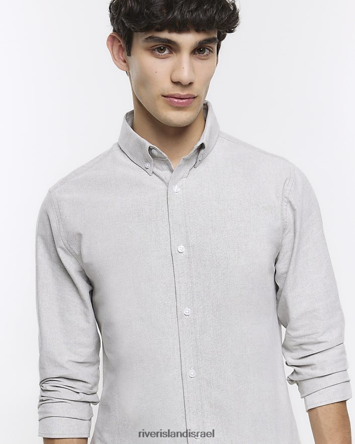 לבוש River Island חולצת אוקספורד נמתחת בגזרה דקה אפור גברים BDZ4083114
