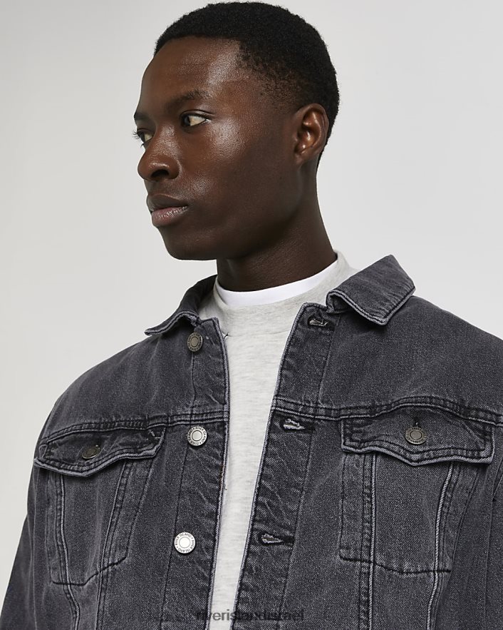 לבוש River Island ז'קט ג'ינס בכושר רגיל שטוף שחור גברים BDZ4083137