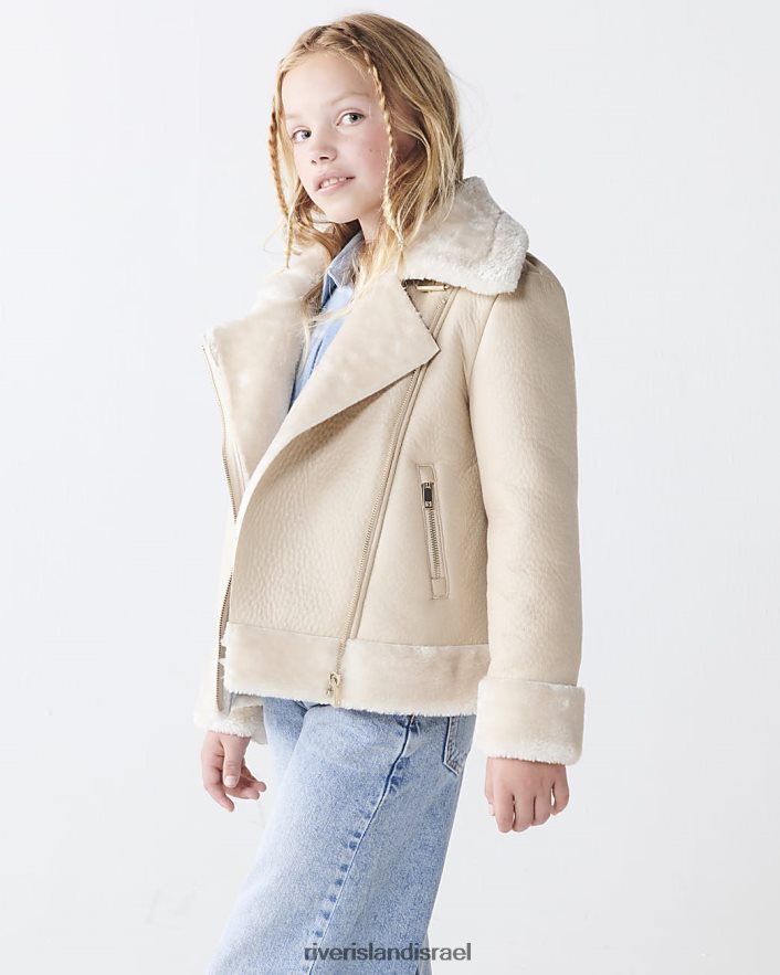 לבוש River Island ז'קט טייסים מפרווה מלאכותית קרם בנות BDZ4083170