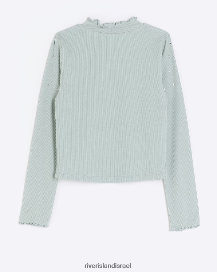 לבוש River Island חלק עליון עם שרוולים ארוכים מעוטרים בצלעות ירוק בנות BDZ4083173