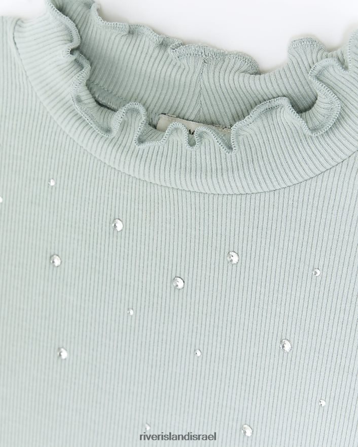 לבוש River Island חלק עליון עם שרוולים ארוכים מעוטרים בצלעות ירוק בנות BDZ4083173